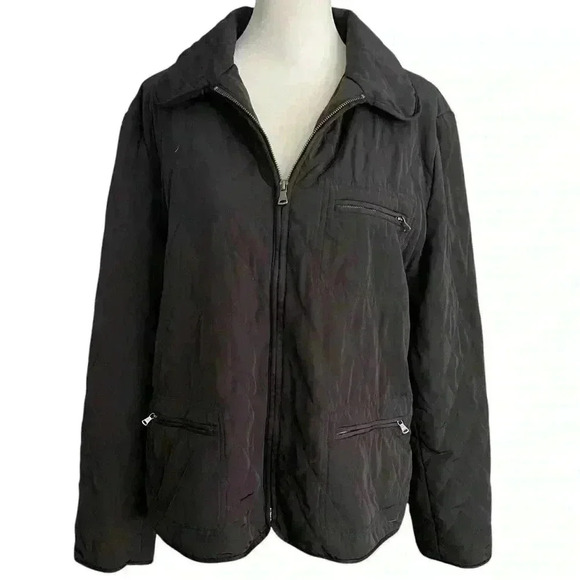 Talbots Full Zip Quilted Jacket Size XL Black Collared Faux Leather Trim Outdoor - Picture 1 of 14